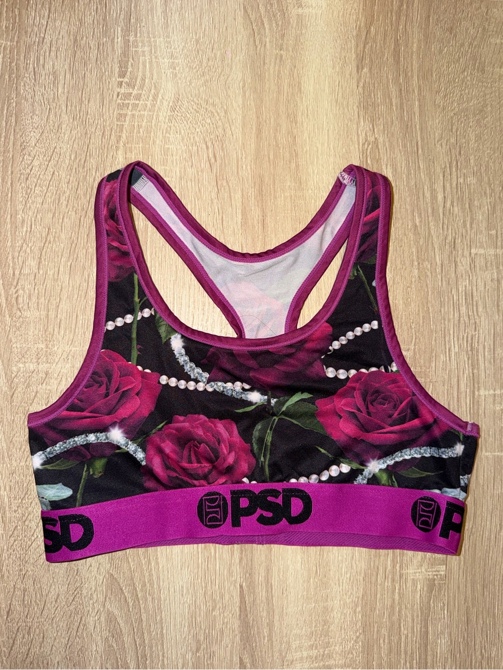 PSD Black Pink Rose Diamond Print Sports Bra